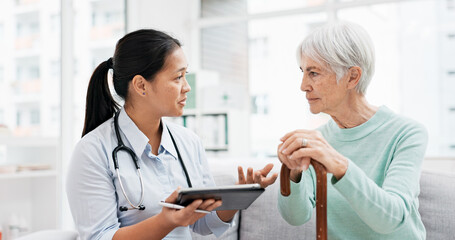 Talking, old woman or doctor with tablet for results, report or report history online in hospital...