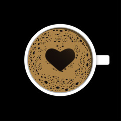 Top view of a coffee cup with foam in the creative  symbol shape of Heart. Fresh espresso icon. Vector illustration isolated on black background