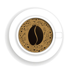 Top view of a coffee cup with foam in the creative  symbol shape of coffee bean. Fresh espresso icon. Vector illustration isolated on white background