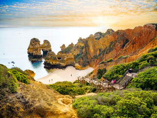 .Sunrise Camilo Beach .Boardwalk and Staircase to the Beach .Camilo Beach,Praia do Camilo,.Natural...