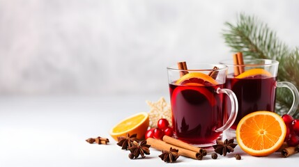 Christmas mulled red wine with spices and fruits on a white background. Traditional hot drink at...