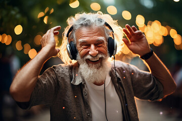 Old man dancing while listening to music in headphones - obrazy, fototapety, plakaty