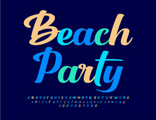 Vector colorful invitation Beach Party. Bright Cursive Font. Artistic Alphabet Letters and Numbers.