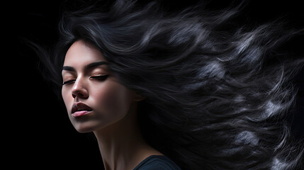 Fototapeta premium A Beautiful Woman Black Hair. Beautiful Black Hair Blowing. Generative Ai