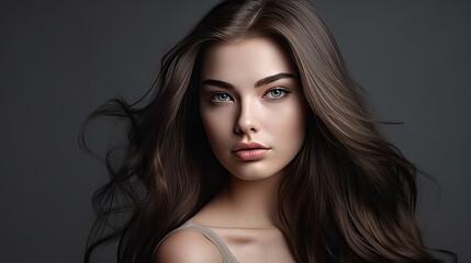 Fototapeta premium A Beautiful brunette girl in move with a perfectly smooth hair, and classic make-up. Beauty face. Generative Ai
