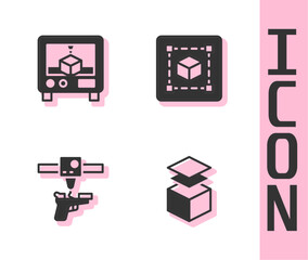 Set Layers, 3D printer, gun and Geometric figure Cube icon. Vector