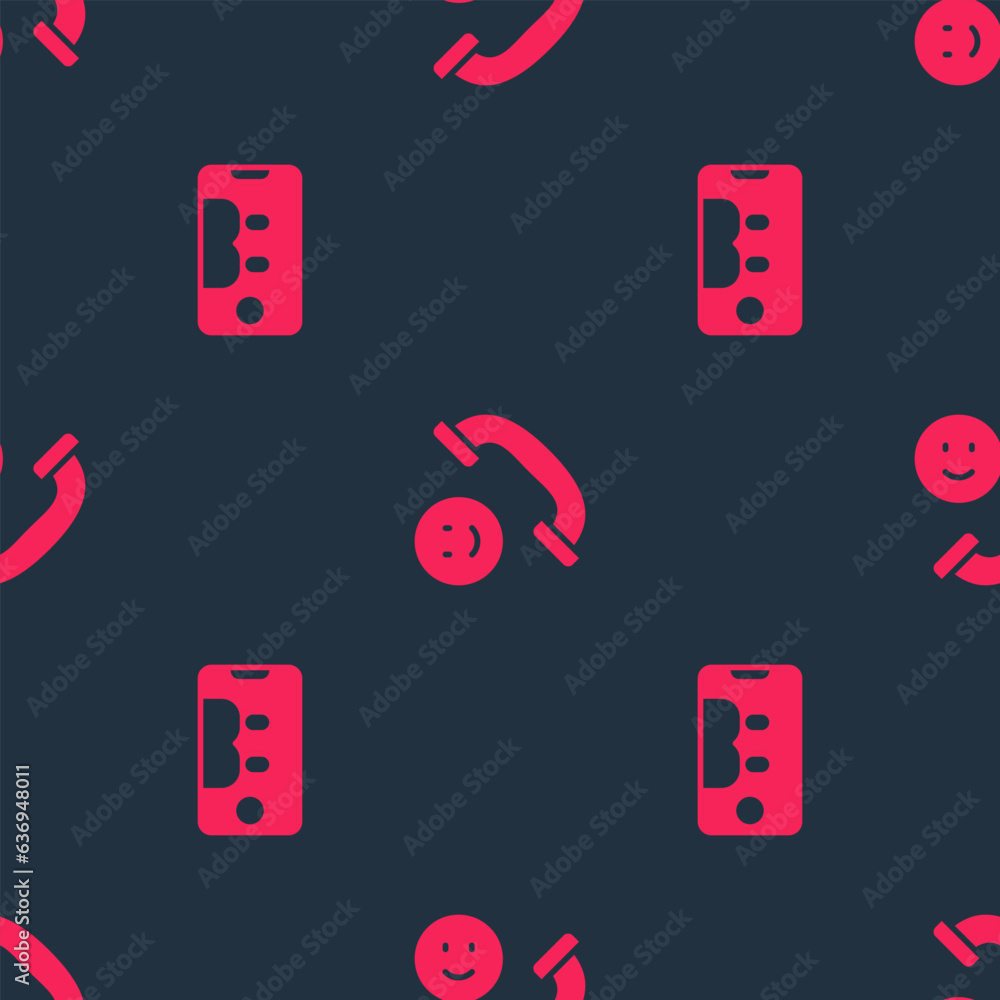 Poster set selfie on mobile and incoming call on seamless pattern. vector