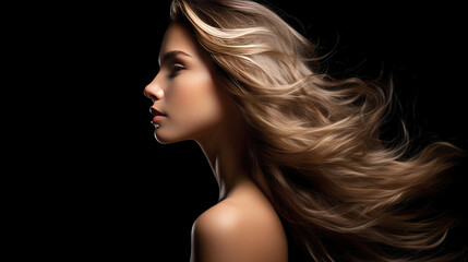 A Beautiful woman in profile with long and shiny wavy hair. Generative Ai