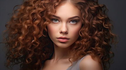 Fototapeta premium A Beauty model girl with curly hairstyle . Fashion, cosmetics and makeup. Generative Ai