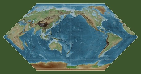 World map. Colored elevation. Eckert I projection. Meridian: 180