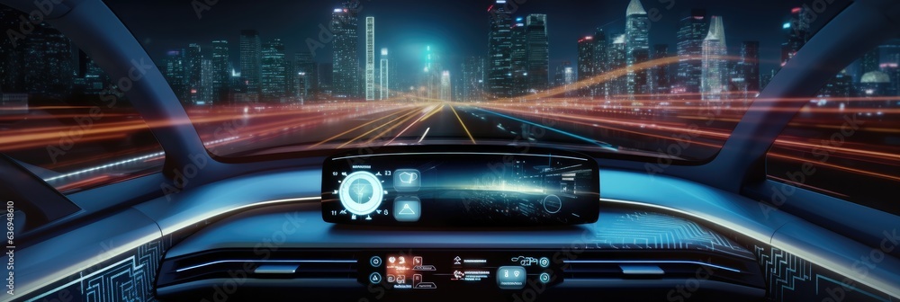 Poster autonomous futuristic car dashboard with hologram screens, futuristic autonomous vehicle.