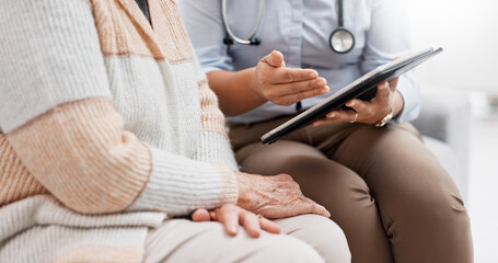 Healthcare, tablet and senior person with digital results in retirement home with caregiver...