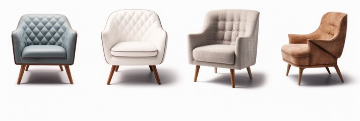 Collection Set of retro vintage armchairs, Single seat sofas on white background.