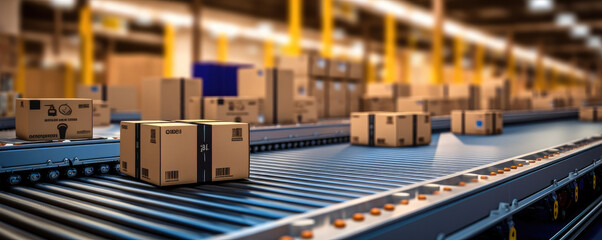 Obraz premium Conveyor belt in a distribution warehouse with row of cardboard box packages at modern industries warehouse.