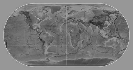 Tectonic plates. Grayscale. Eckert III projection 0