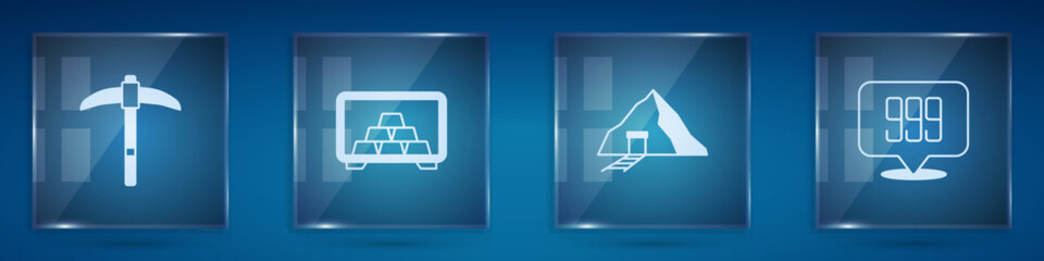 Set Pickaxe, Safe with gold bars, Gold mine and 24k. Square glass panels. Vector