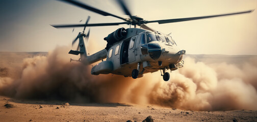 The military helicopter flies over the combat zone, carrying out its mission for the army, War concept