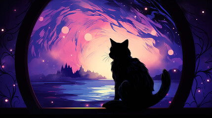 Black Cat Sitting in Front of Window, Anime Cute Galaxy Cat.Generative Ai
