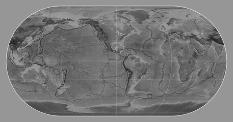 Tectonic plates. Grayscale. Eckert III projection -90 west