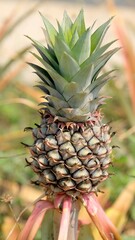 Close up pineapple fruit in organic farm, gardening concept.