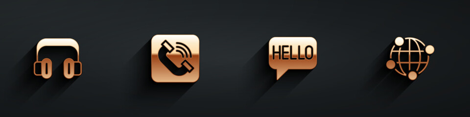 Set Headphones, Telephone handset, Hello in different languages and Global technology icon with long shadow. Vector