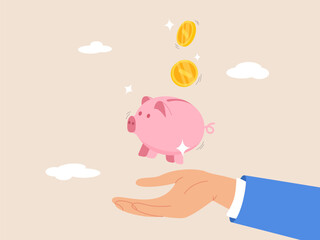 Savings for prosperity or financial success. Frugality, building wealth or thrifty, budgeting or cut spending to save money for future concept, money dollar coins drop into hand holding piggy bank.