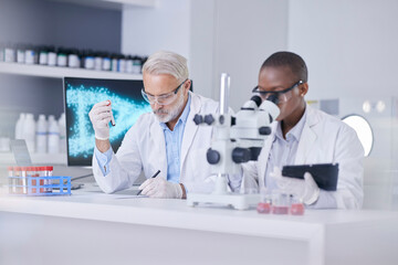 Black woman, man and microscope in lab with blood sample, tablet and test tube for medical study....