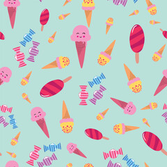 Fototapeta na wymiar Ice cream and candies pattern on mint green background