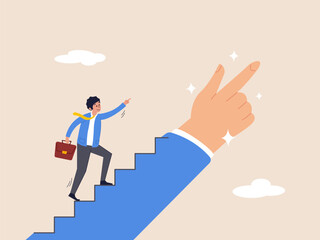 Success step concept. Stairway to achieve target. Leadership or career path growth strategy, motivation and determination to grow and success, businessman step up stairway on leader pointing hand.