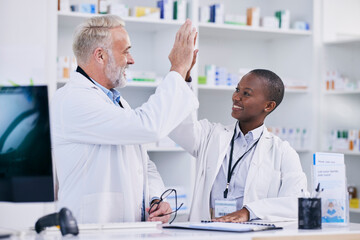 Pharmacy, high five and teamwork with people in store for medical, success or motivation. Medicine,...