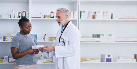 Pharmacist, medicine box or black woman question healthcare worker on pills, package or pharmaceutical. Pharmacy consultation, supplement or African customer ask expert advice, recommendation or help