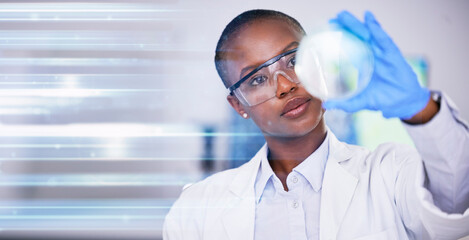 Science, black woman in lab and study of nature mockup, future technology and research in biotech. African scientist, vision and laboratory innovation in pharmaceutical study, development and growth.