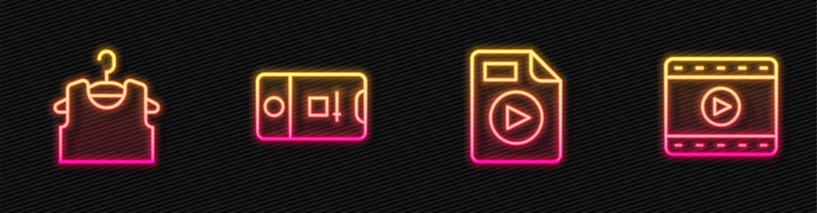 Set line AVI file document, Sleeveless T-shirt, Photo and video shooting and Play Video. Glowing neon icon. Vector