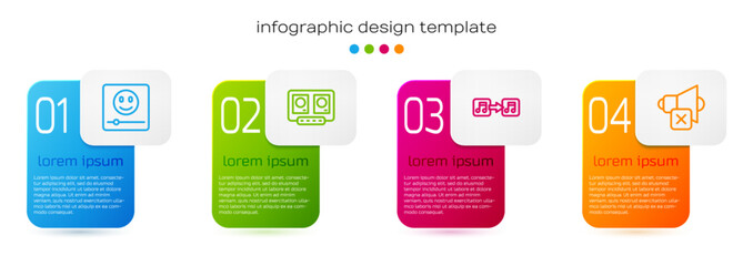 Set line Music player, DJ remote and mixing music, note, tone and Speaker mute. Business infographic template. Vector