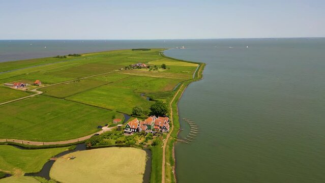 High angle Drone Point of View on former Dutch Island Marken in North Holland, The Netherlands on sunny spring day