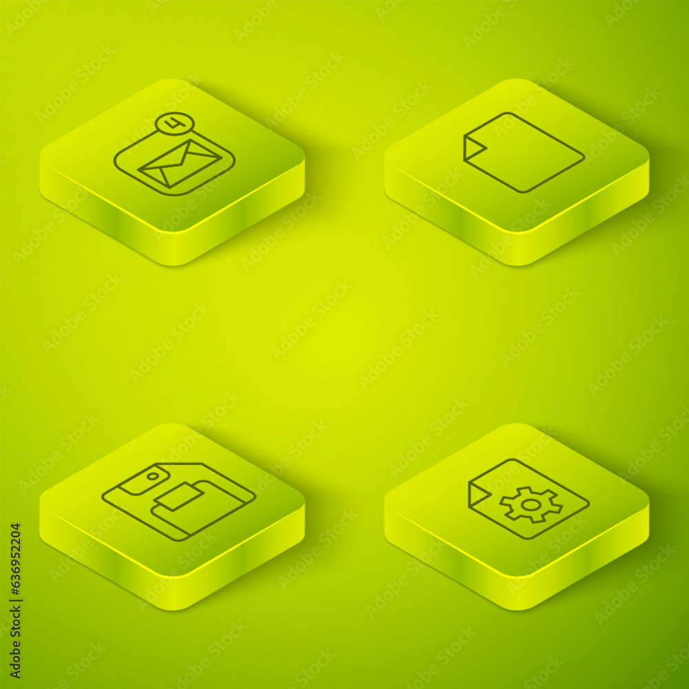 Poster set isometric line file document, floppy disk, document settings and envelope icon. vector