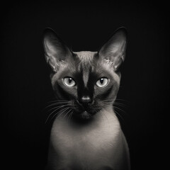 A cute and adorable Siamese cat, black and white photo, black background