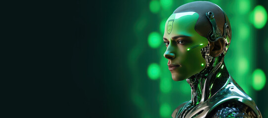 androgynous robot profile closeup on green neon background banner with copy space left. Artificial intelligence.