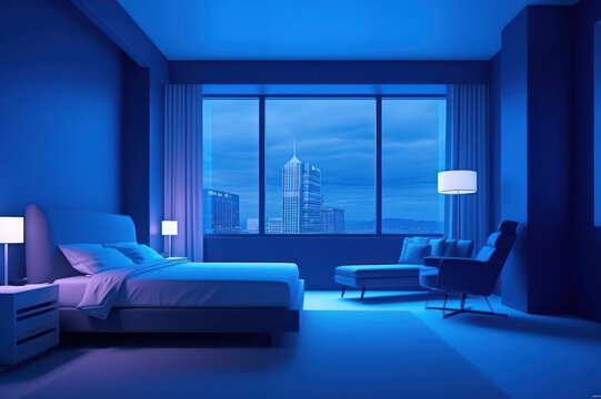 interior of a hotel bedroom blue color palette at night