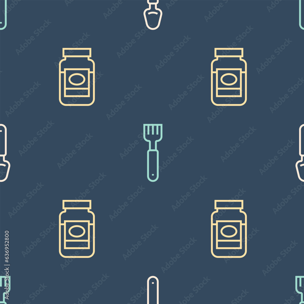Poster set line spoon, jam jar and fork on seamless pattern. vector