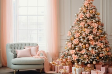 Christmas tree in living room in pastel white pink color palette