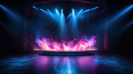 Concert stage with smoke and lights. Generative Ai