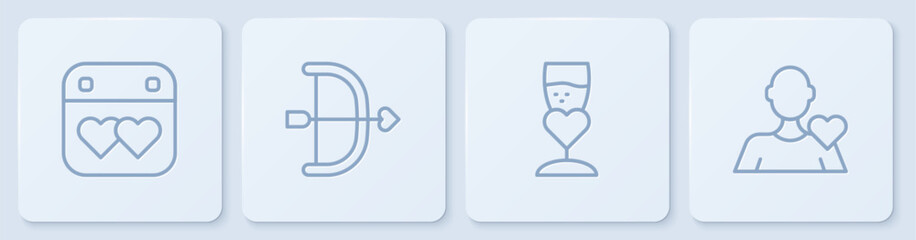 Set line Calendar with heart, Glass of champagne, Bow and arrow and Romantic man. White square button. Vector