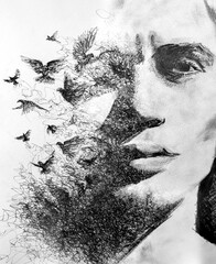 An artistic black and white closeup paintography male portrait - 636953240