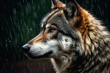 Wolf head rain closeup. Generate Ai