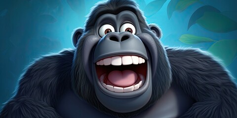a cute and happy gorilla with eyes wide open in cartoon style