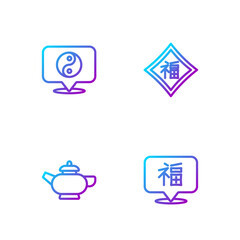 Set line Chinese New Year, tea ceremony, Yin Yang symbol and . Gradient color icons. Vector