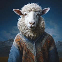 Sheep dressed in human clothes. Humanized animal concept.