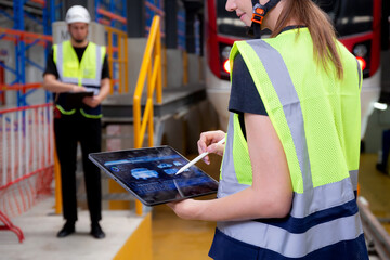 Young caucasian engineer woman using digital tablet and man or worker checking electric train for...
