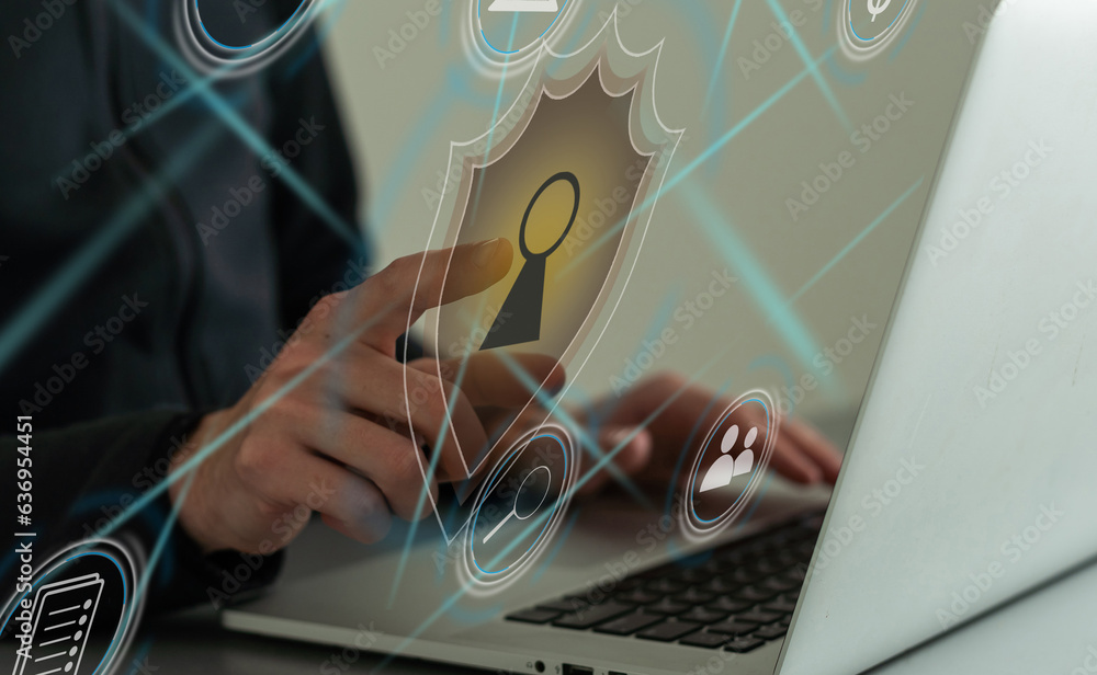 Poster businessman use a laptop to login by password with virtual screen of padlock, security of private. t